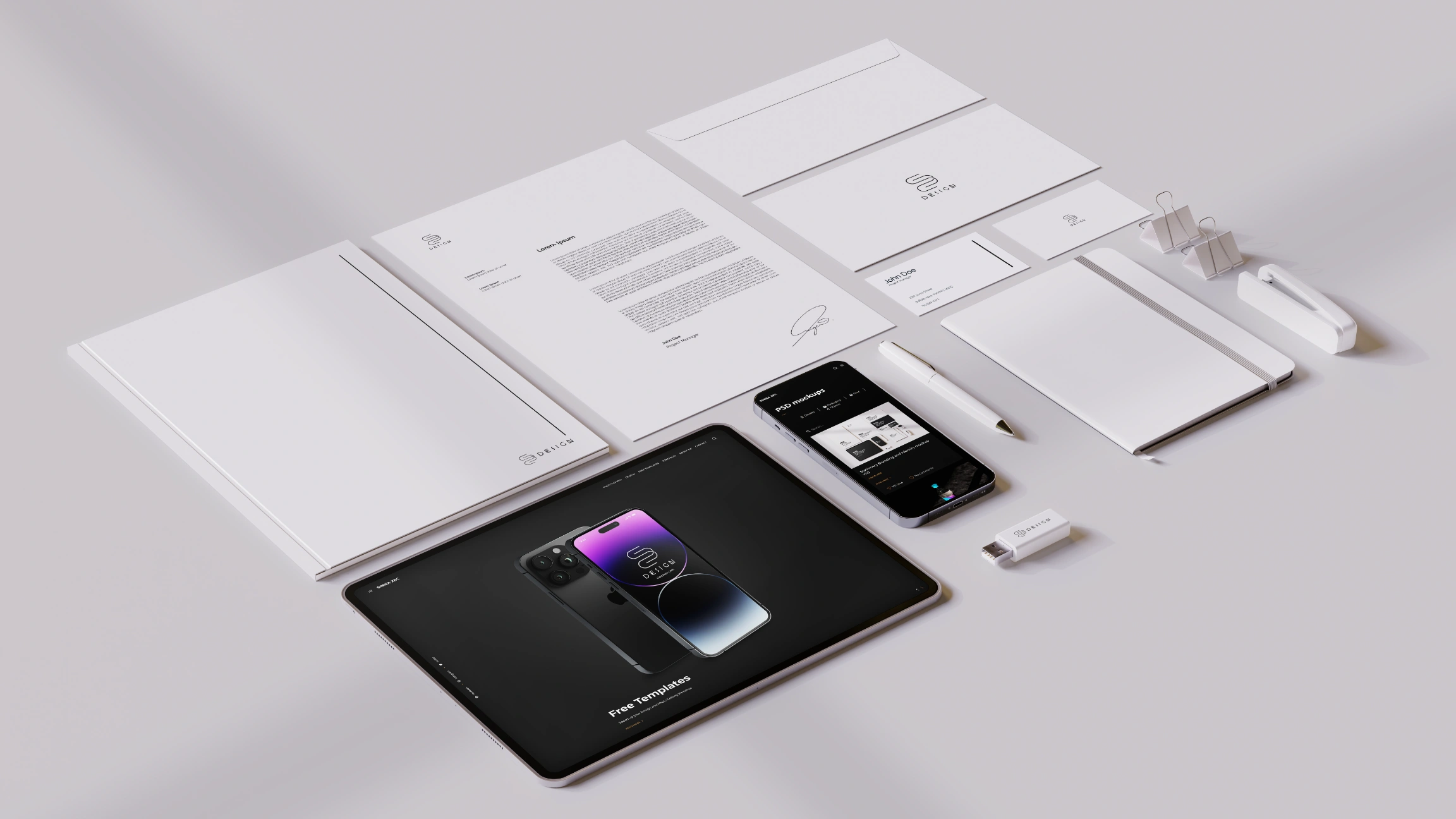 Branding set Stationery free PSD Mockup including devices and printed material 8K resolution
